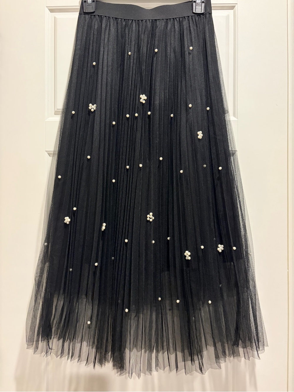 Sadie & Love Black Tulle Midi Skirt with Pearl Embellishments